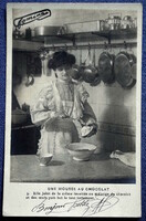 Antique photo postcard - lady making chocolate foam, kitchen, copper utensils