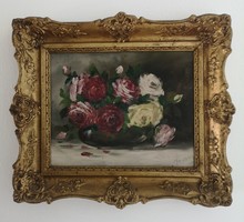 Dénes Mesterházy (1900-1949): rosy still life. Signed oil painting.