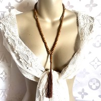 Wooden mala necklace with silk tassel, buddhist prayer beads, buddhism prayer chain, oriental religious item
