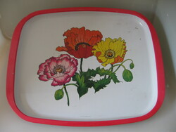 Retro Japanese painted metal tray with poppies