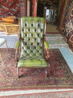 Green colored original English chesterfield genuine leather rocking chair and lounge chair in a pair.