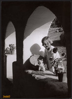 Larger size, photo art work by István Szendrő. Little girl with kitten, village, ethnography, genre, 193