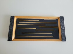 Retro nagy méretű 47,5 cm fekete üveglapos arany csíkos mid century iparművészeti tálca arany csíkos