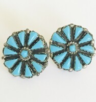 Art deco style large silver earrings turquoise flower