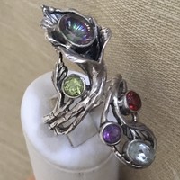 Design silver ring rainbow fluorite topaz peridot garnet amethyst