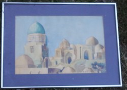 Arab utcakép - jelzett akvarell festmény