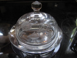 Antique engraved glass floral cheese and butter holder