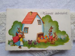 Old graphic Easter postcard with bunnies and eggs 1949