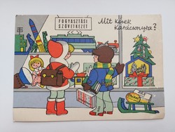 Retro karácsonyi képeslap Fogyasztási Szövetkezet rajzos reklám levelezőlap játékok Rex Orient