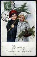 Antique New Year greeting litho postcard for children with pine tree and holly