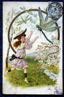 Antique gold pressed greeting litho postcard little girl huge dragonfly Whitsunday