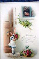 Régi Névnapi üdvözlő litho  képeslap gyerekek rózsacsokor