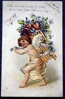 Antique embossed greeting card angel eyes with flower basket heart violet