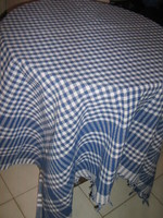 Beautiful vintage white and blue checkered tablecloth with fringed edges