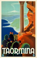 Vintage nyaralási utazási reklám plakát Taormina Itália Szicilia, modern reprint, mediterrán tenger
