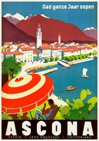 Vintage nyaralási utazási reklám plakát Lago Maggiore Ascona Svájc 1934, modern reprint, tópart