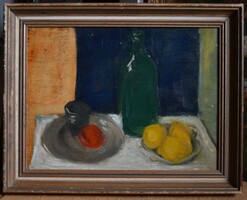 AKCIÓS Ár! Csendélet zöld üveggel és gyümölcsökkel festmény, olaj falemez, kerettel: 38 x 48 cm, jn.