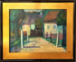 102X82cm! László Ridovics (1925 - 2018) in front of the house c. Issued in a workshop with original warranty!