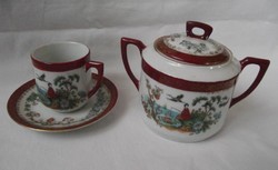Altwasser, German porcelain, oriental, Madas, geisha pattern gilded sugar bowl, coffee, mocha set