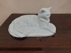 Fehér Herendi porcelán fekvő macska, cica figura