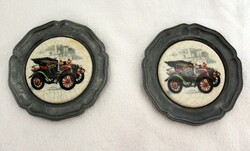 2 wall pewter baby plates with car porcelain insert
