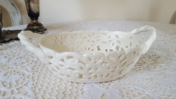 Wonderful openwork, lacy cream white ceramic centerpiece with two handles, offering basket