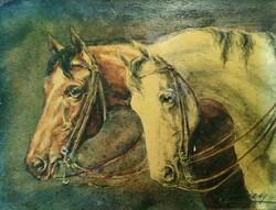 Antik, Ló páros portré. Jelzett akvarell festmény.