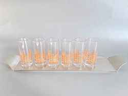 Colored, orange patterned, polka dot, retro, vintage, brandy, aperitif glass set on a tray