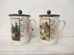 Anti kitchen tool Biedermeier porcelain cup with 2 pewter lids landscape motif 588 7576