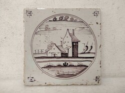Antik delfti csempe 18. század barna épület motívum Delft 557 7519