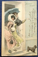 Antik MM Vienne Wichera Karácsonyi üdvözlő képeslap hölgyek ernyővel kutyus