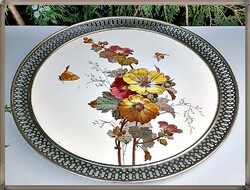 Huge antique earthenware tray with silver-colored metal rim now at a special price