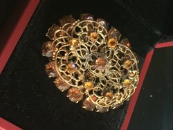 Brooch - from the early 1900s - filigree gold-plated metal, with fake 