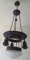 Antique art nouveau, art deco special chandelier with polished glass hammered copper decoration 3 pieces