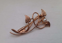 Old custom-made richly gilded brooch pin studded with genuine pearls