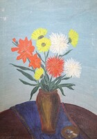 Virágcsendélet hamutállal - 1965 - retro, szocreál olajfestmény