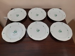 Set of 6 Herend green floral pattern zv porcelain semi-deep plates