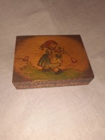Carved and painted small box with the motif of a little girl picking flowers