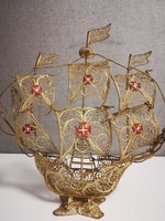 Spanish galleon with 6 sails, enameled Maltese cross, marked Portugal