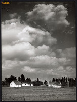Larger size, photo art work by István Szendrő. Lowland farm with clouds, landscape, 1930s.