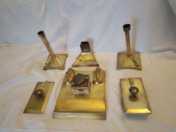 Marked art deco bronze desk set: inkstand, tapper, paperweight, pair of candlesticks