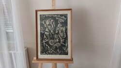 (K) Gyula hincz abstract linocut with frame 44x63 cm