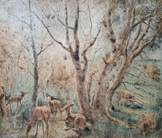 József Pituk: edge of the forest - colored etching with animals