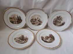 Gilded, antique decorative plate, village scene plate 5 pcs