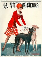 French magazine cover 1928, reprint dog print, greyhounds english greyhound italian whippet girl in red dress