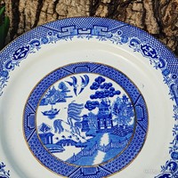 English blue scene plate with oriental willow decor