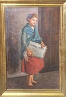Newspaper child - Hungarian newspaper - signed oil painting on canvas