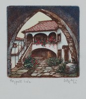 Sulyok Gabriella - Rejpál-ház, Sopron 10 x 10 cm színezett rézkarc