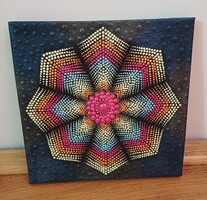 New! Square flower mandala picture hand painted on 20x20cm, dotted canvas