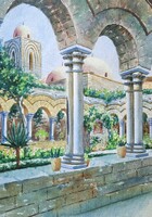 Palermo, Olaszország: Remete Szent János temploma - szignózott akvarell - mediterrán hangulat!
